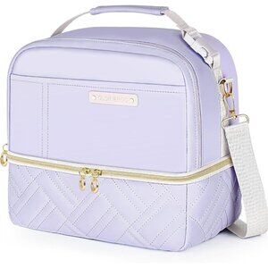 Large Insulated Lunch Bag for Women, Stylish Vegan Leather 2-Tier Tote Cooler